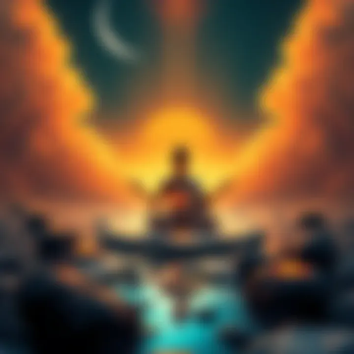 A serene figure meditating in a peaceful environment, symbolizing the concepts of rebirth and enlightenment, surrounded by subtle representations of dreams and thoughts influencing reality.