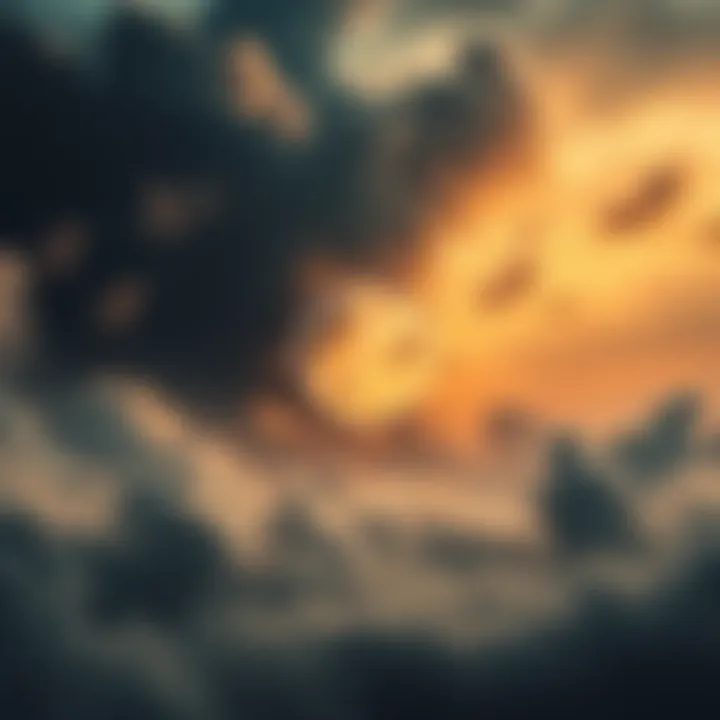 A serene landscape with a circle representing rebirth surrounded by dark clouds, symbolizing the cycle of samsara and the struggle for enlightenment.