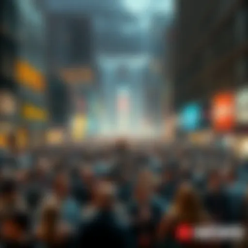 A crowded city square filled with people discussing strange happenings, with some looking confused and others engaged in conversations.