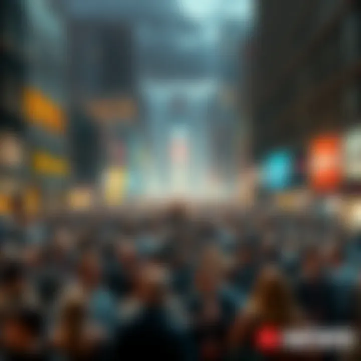 A crowded city square filled with people discussing strange happenings, with some looking confused and others engaged in conversations.