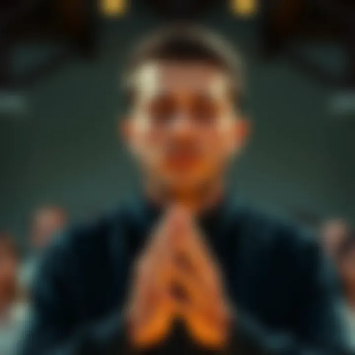 A person with closed eyes, hands clasped, reciting a prayer with a serene expression