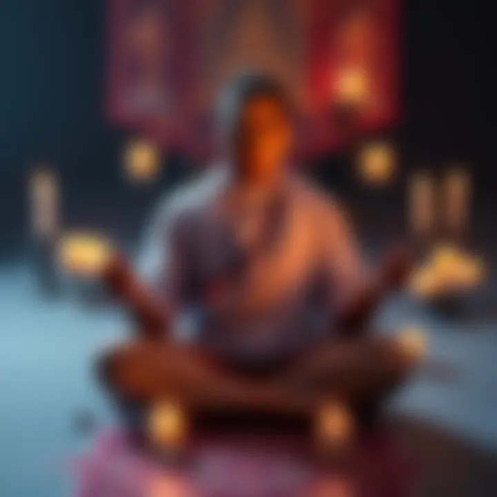 A person sitting in meditation, hands in prayer position, with a serene expression, surrounded by candles and spiritual symbols, reflecting the practice of reciting Ma Chinnamasta's mantra.