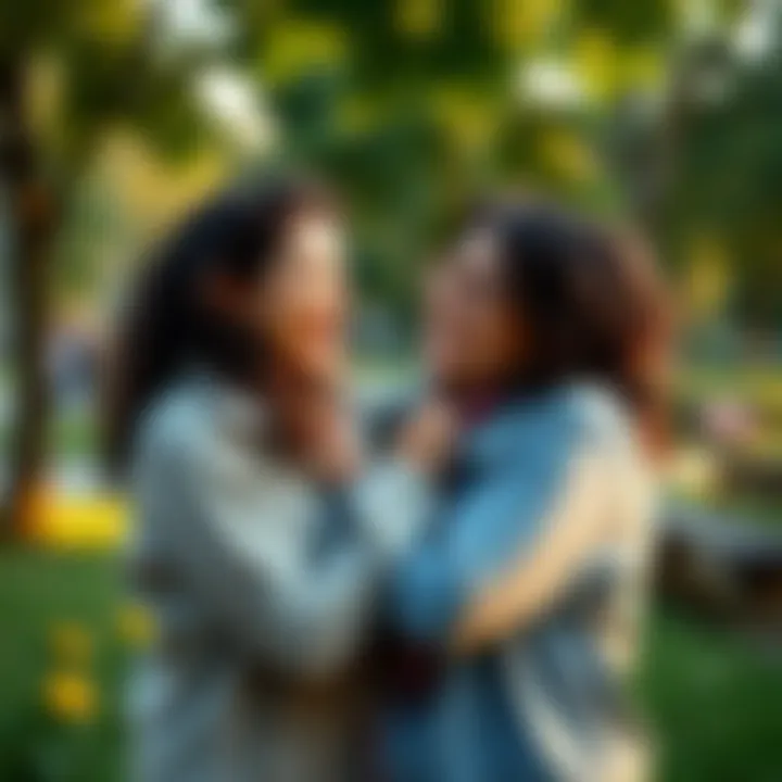 Two friends joyfully embracing after a long separation of ten years, sharing smiles and laughter in a park setting