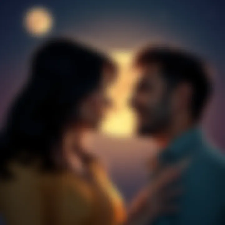 Reconnecting with Past Love A couple looking at each other with nostalgic expressions, surrounded by a soft moonlight glow, symbolizing emotional ties and past relationships.