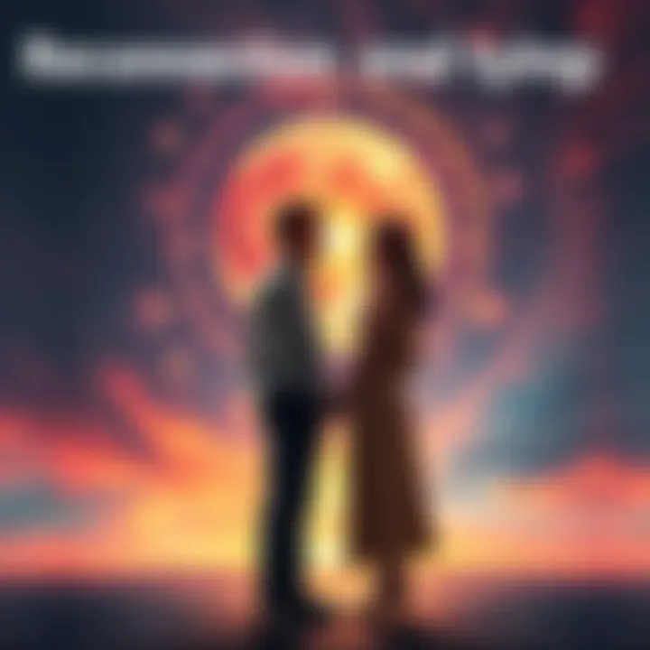 Two friends standing apart, with a visual representation of shared memories and spiritual connections in the background.