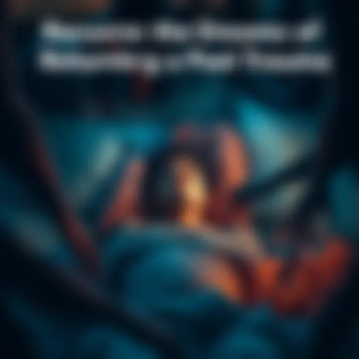 A person lying in bed with a distressed expression, surrounded by shadowy figures symbolizing past trauma in their dreams.