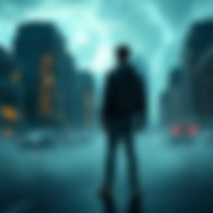 Recurring Nightmare Location A person stands in a dream-like cityscape, looking troubled as they encounter familiar buildings that unsettle them.