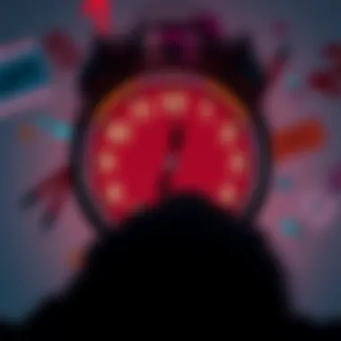 A close-up of a person looking at a clock displaying repeated numbers, surrounded by notes and symbols.