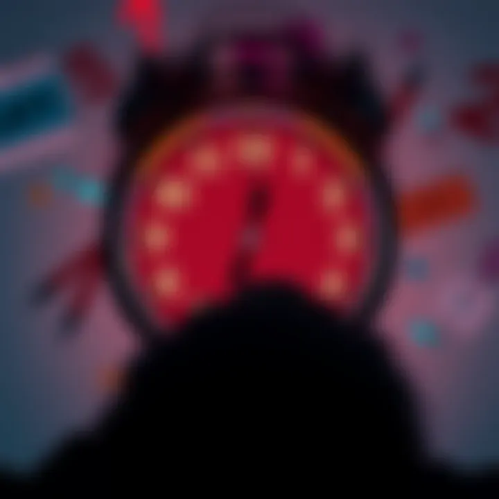 A close-up of a person looking at a clock displaying repeated numbers, surrounded by notes and symbols.