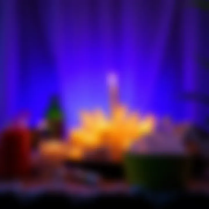 An altar made of recycled plastic items arranged with candles and crystals.