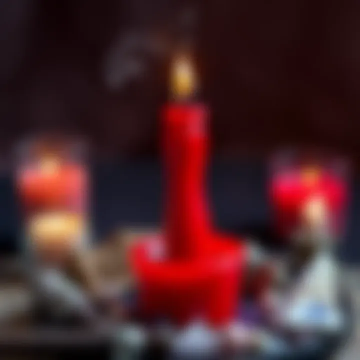 A handcrafted red candle shaped like a penis, surrounded by incense and crystals, set up for a love spell ritual.