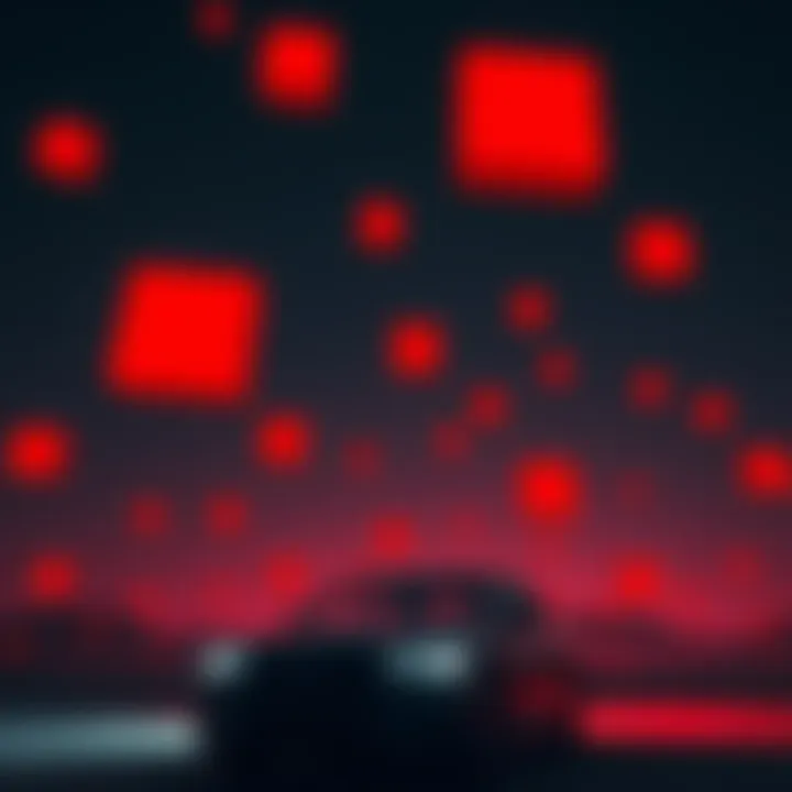 Large red rectangles floating in a dark sky with a car in the foreground