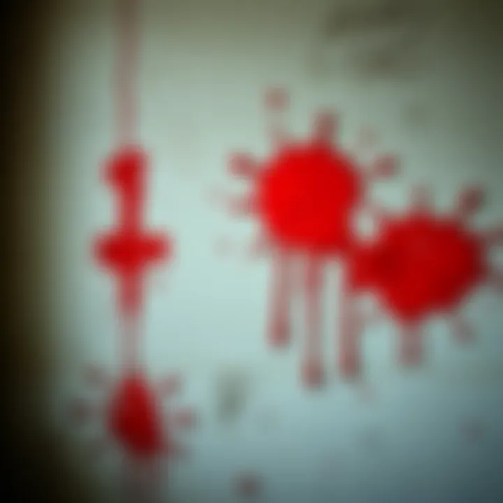 A close-up view of a wall in an abandoned hospital showing a red splatter that resembles blood, adding to the eerie atmosphere of the site.