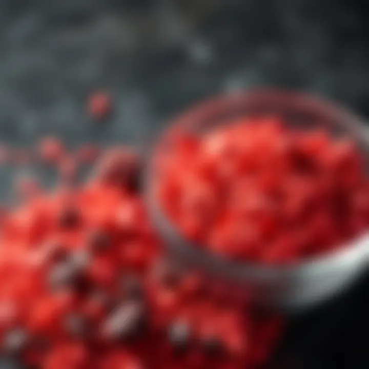 A bowl filled with bright red sprinkles, ideal for culinary and crafting uses, next to crushed bloodstone pieces for comparison