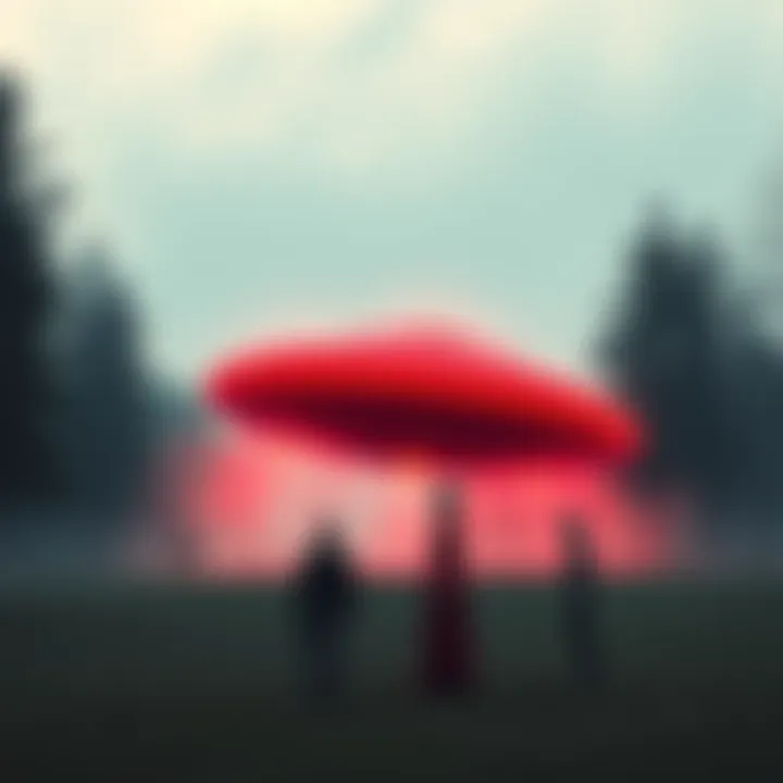A red UFO rests on the ground in a Soviet park with three humanoid figures, including a tall 9ft being with three eyes, near a group of startled witnesses.