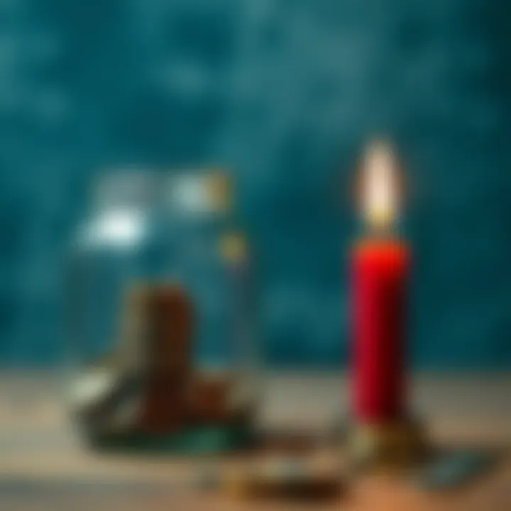 A red candle placed near a glass money jar filled with coins and bills, symbolizing financial intentions.