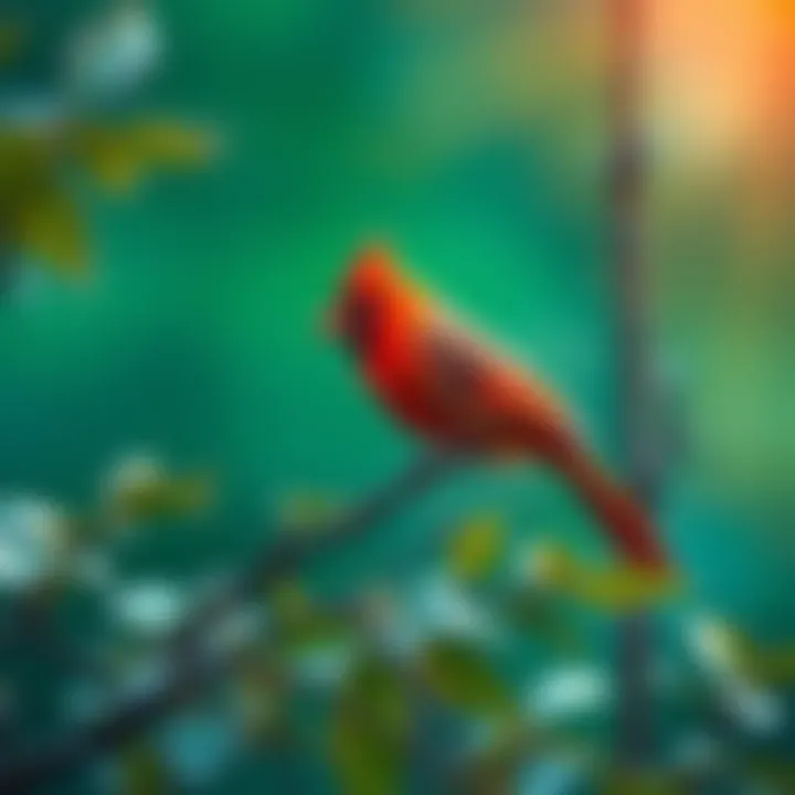 Red Cardinal perched on a branch A vibrant red cardinal bird sitting on a green branch, surrounded by leaves, illustrating its striking color and presence in nature.
