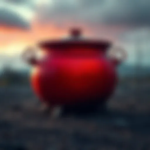 A striking red cauldron made of copper-like metal sits ominously in the Yakutsk Valley, surrounded by barren land. The atmosphere appears tense, hinting at the dangers associated with it.