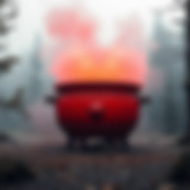 A red cauldron made of copper-like metal sits ominously in a forest, with a misty atmosphere around it, symbolizing the legend of radiation dangers.