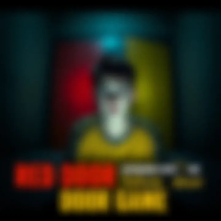A young person with a worried expression, sitting in a dimly lit room surrounded by shadows, with a door painted red and yellow in the background.