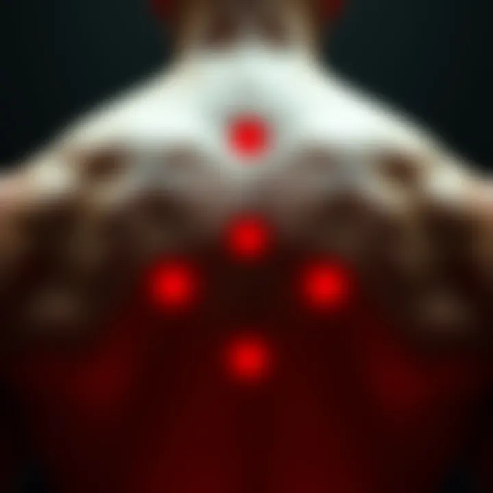 A close-up view of three red dots arranged in a triangle shape on a person's lower back, showcasing unusual skin markings.