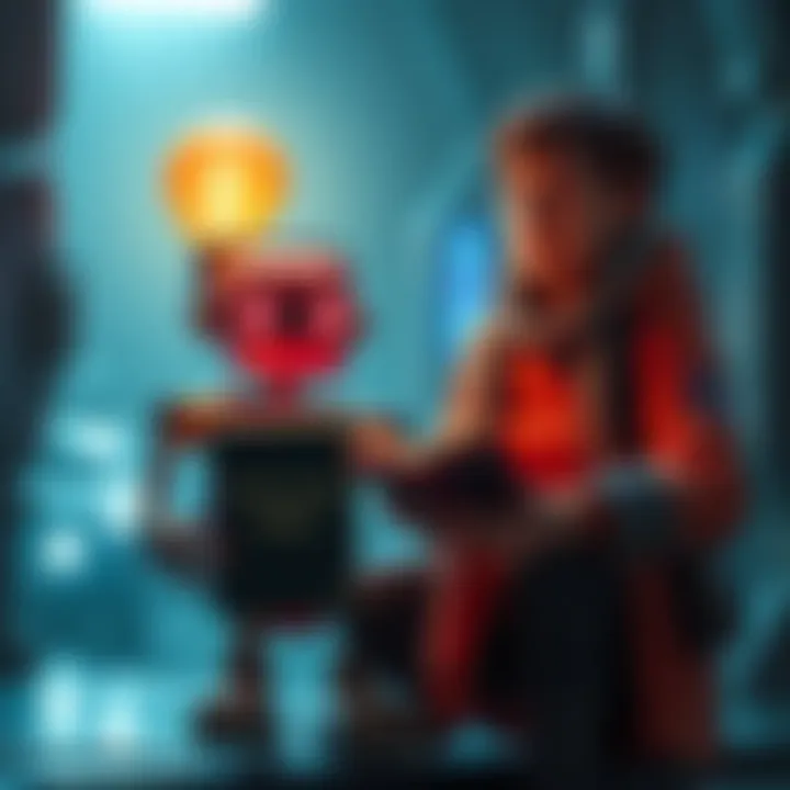 A humorous scene depicting a robot with a book labeled 'Electronic Bible' next to a character holding a lamp, illustrating the joke about 'iron' and 'lamp', in a sci-fi setting.