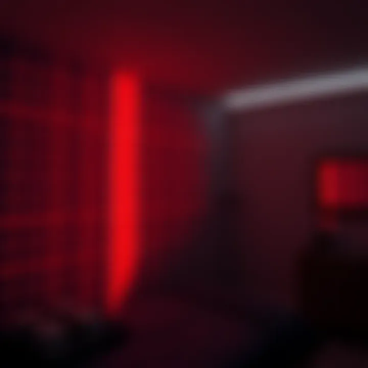 Bright red grid pattern appearing on a bedroom wall with a dimly lit ceiling during night