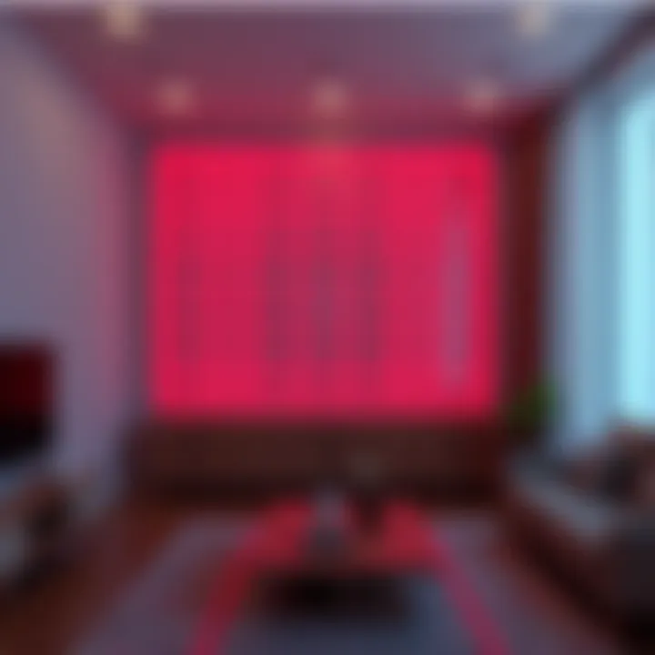 A vivid red grid appears on a living room wall, creating a striking visual effect that catches attention.