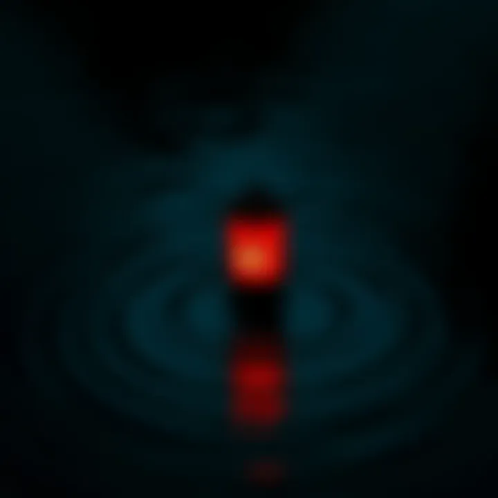 A glowing red lantern floating above dark water, with ripples suggesting movement beneath the surface.