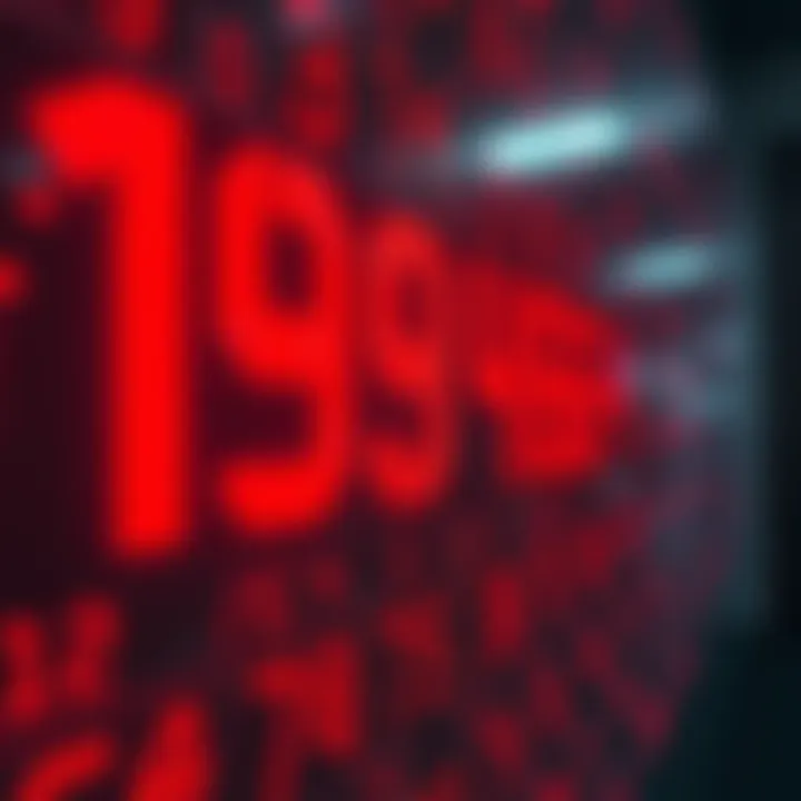 A close-up of a wall displaying rapidly changing red letters and numbers, creating a sense of confusion and intrigue after waking up.