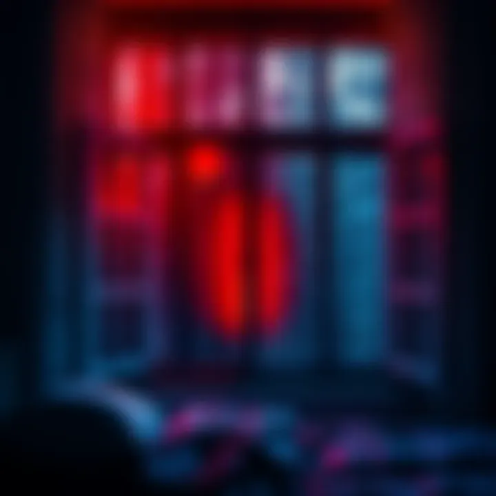 A bedroom window illuminated by a strange red light in a wooded area.