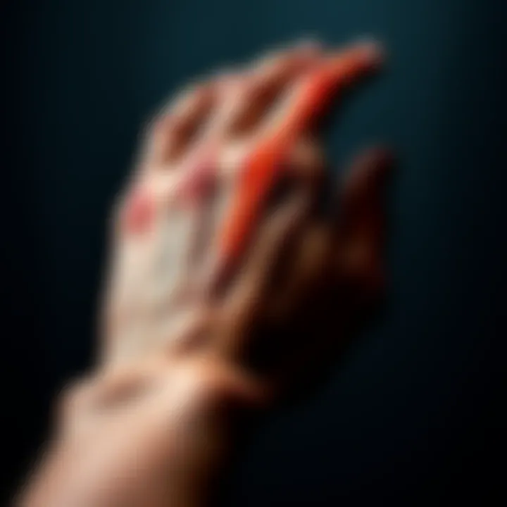 Close-up of a right hand showing a prominent red line on the skin