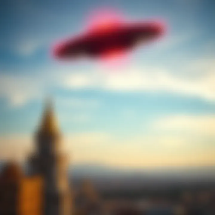 A shiny red UFO shaped like a Metapod flying in the sky over Valencia, Spain during daylight.