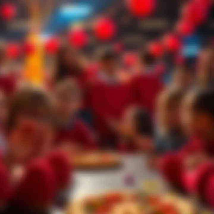 A fun gathering featuring red shoes and pizza, with children enjoying the event.