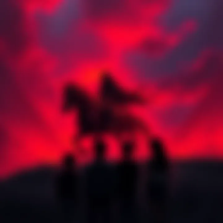 A vivid red sky with a dark figure riding a red horse, creating an unsettling atmosphere. Family members look on, appearing concerned.