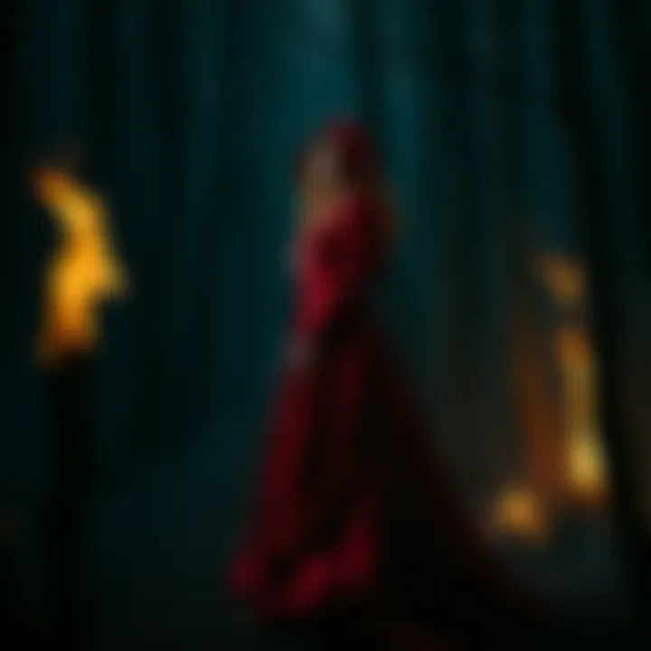 A woman dressed in a flowing red gown stands in a dark forest, surrounded by flickering flames and shadows. She looks powerful and mysterious, embodying the image of the Red Witch.