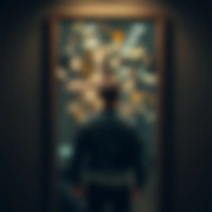 A person stands in front of a mirror, shedding layers of labels and roles, symbolizing the journey of redefining identity.