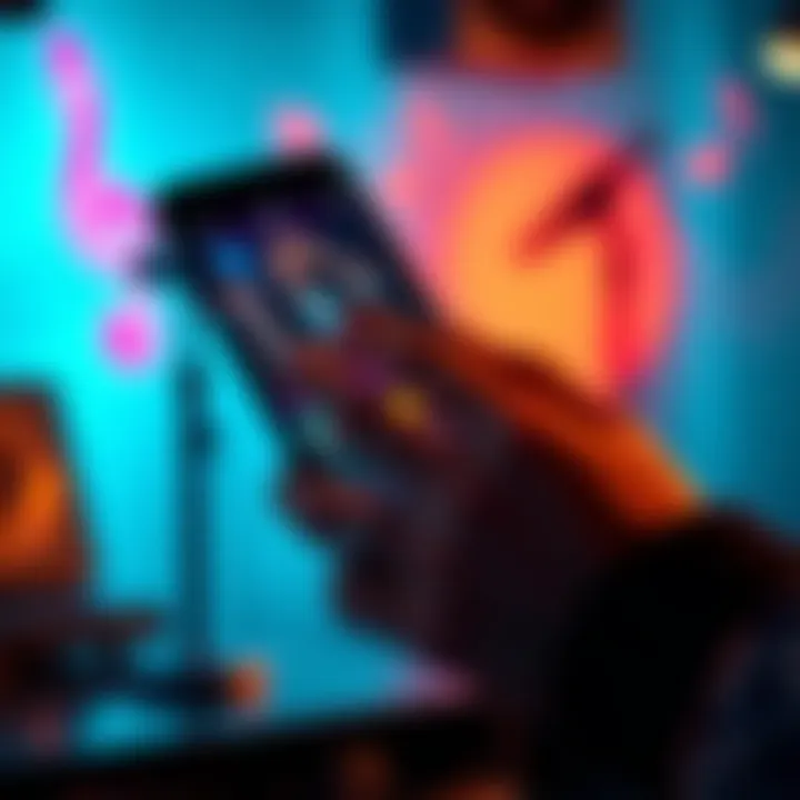 A person adjusting their music playlist on a smartphone with a jazz background, showing a mix of music notes and waves to represent sound and variety.