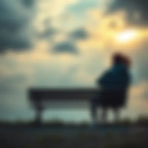 A person sitting alone on a park bench, looking thoughtful after a breakup, with a cloudy sky in the background.
