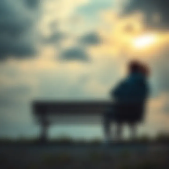 A person sitting alone on a park bench, looking thoughtful after a breakup, with a cloudy sky in the background.
