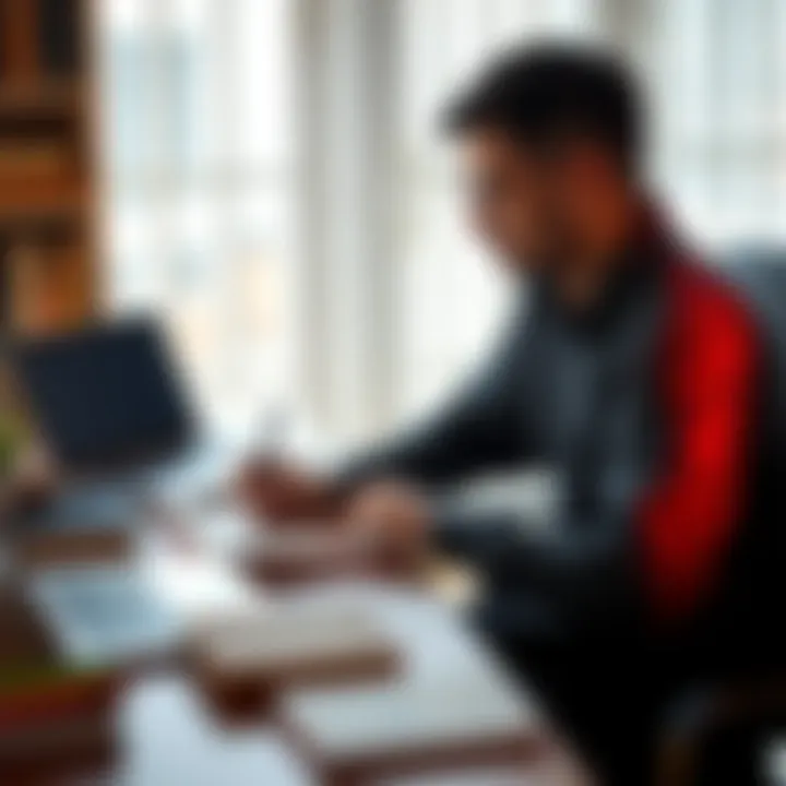 Reflecting on Experience A person sitting at a desk, writing notes in a notebook, surrounded by books and a laptop, symbolizing a decade of learning and practice.