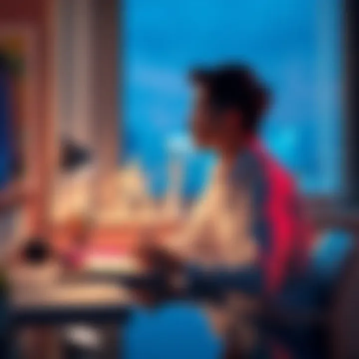 A person sitting pensively at a desk with a notebook, looking towards a window while contemplating future decisions in love and career.