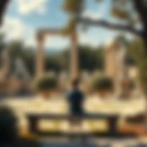 A person sitting on a stone bench in a serene garden, looking thoughtful while surrounded by ancient Greek statues and olive trees.