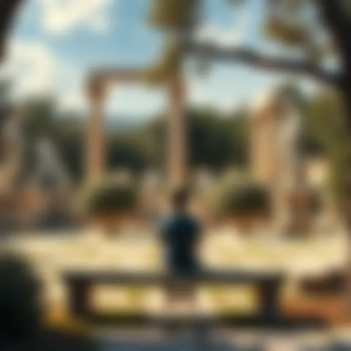 A person sitting on a stone bench in a serene garden, looking thoughtful while surrounded by ancient Greek statues and olive trees.