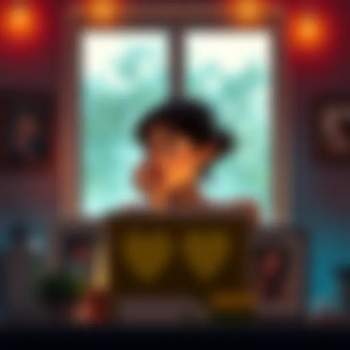 Reflecting on Lost Love A person sitting by a window, looking thoughtful with a soft expression, surrounded by framed photos of past relationships, symbolizing nostalgia and reflections on love.