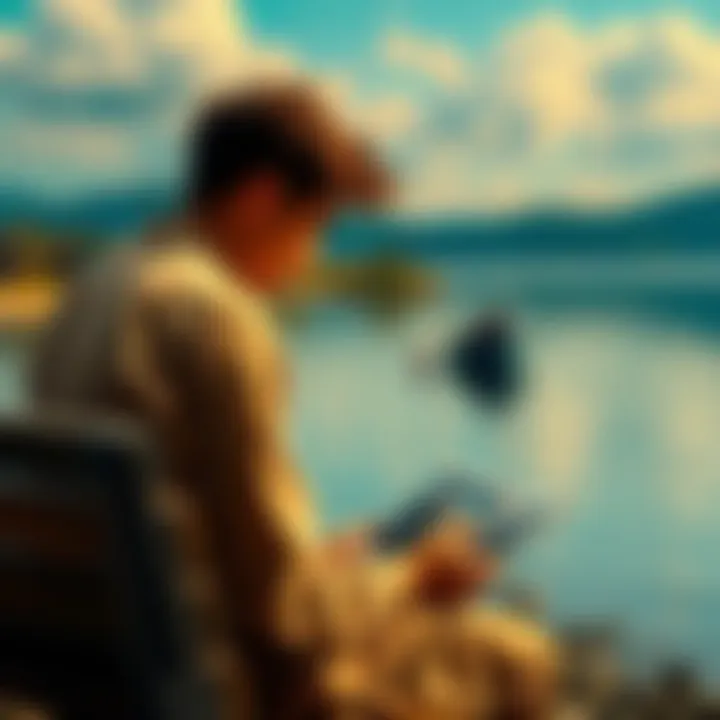 A person sitting on a bench by a lake, looking at old photographs. Their expression shows deep thought about past memories and how they shape the present.