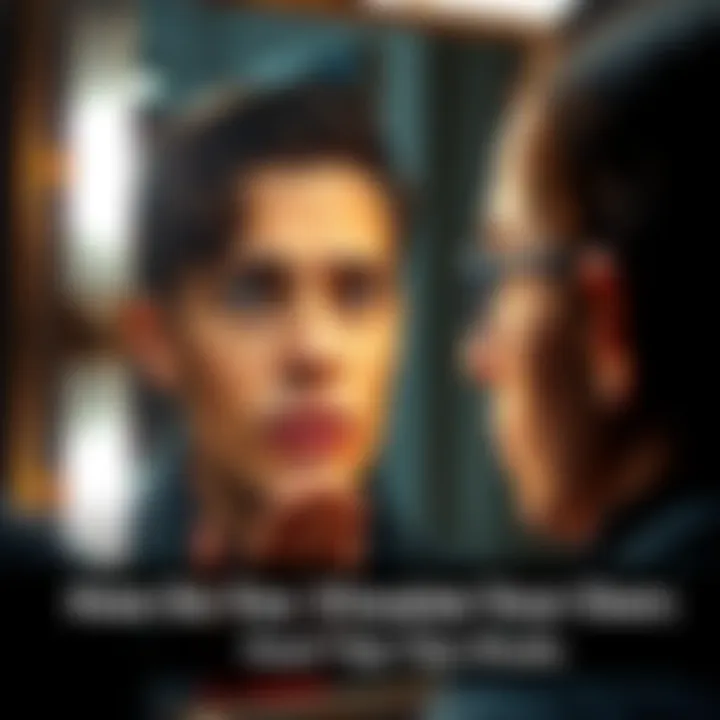 A person looking into a mirror with a thoughtful expression, considering their face and appearance.