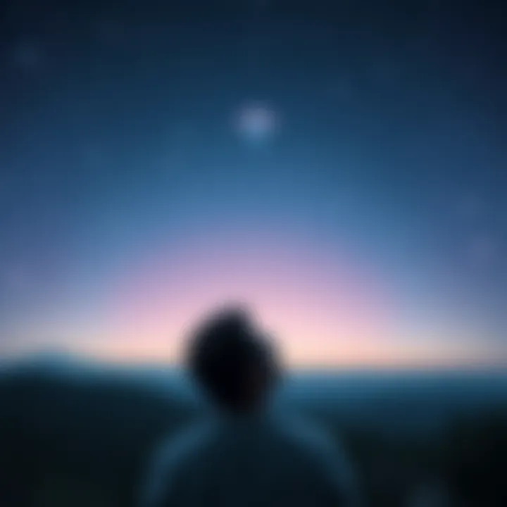 A thoughtful adult looking up at the night sky filled with stars and a silhouette of a UFO in the distance, symbolizing a shift in beliefs about extraterrestrial life.