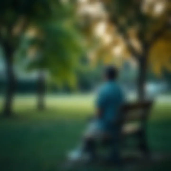 A person sitting on a bench in a peaceful park, staring thoughtfully into the distance, symbolizing introspection about the unconscious mind.