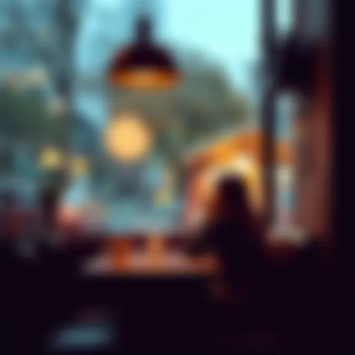 Reflecting on a Work Shift A person sitting in a cozy cafe, deep in thought, looking out the window to reflect on their last work shift.